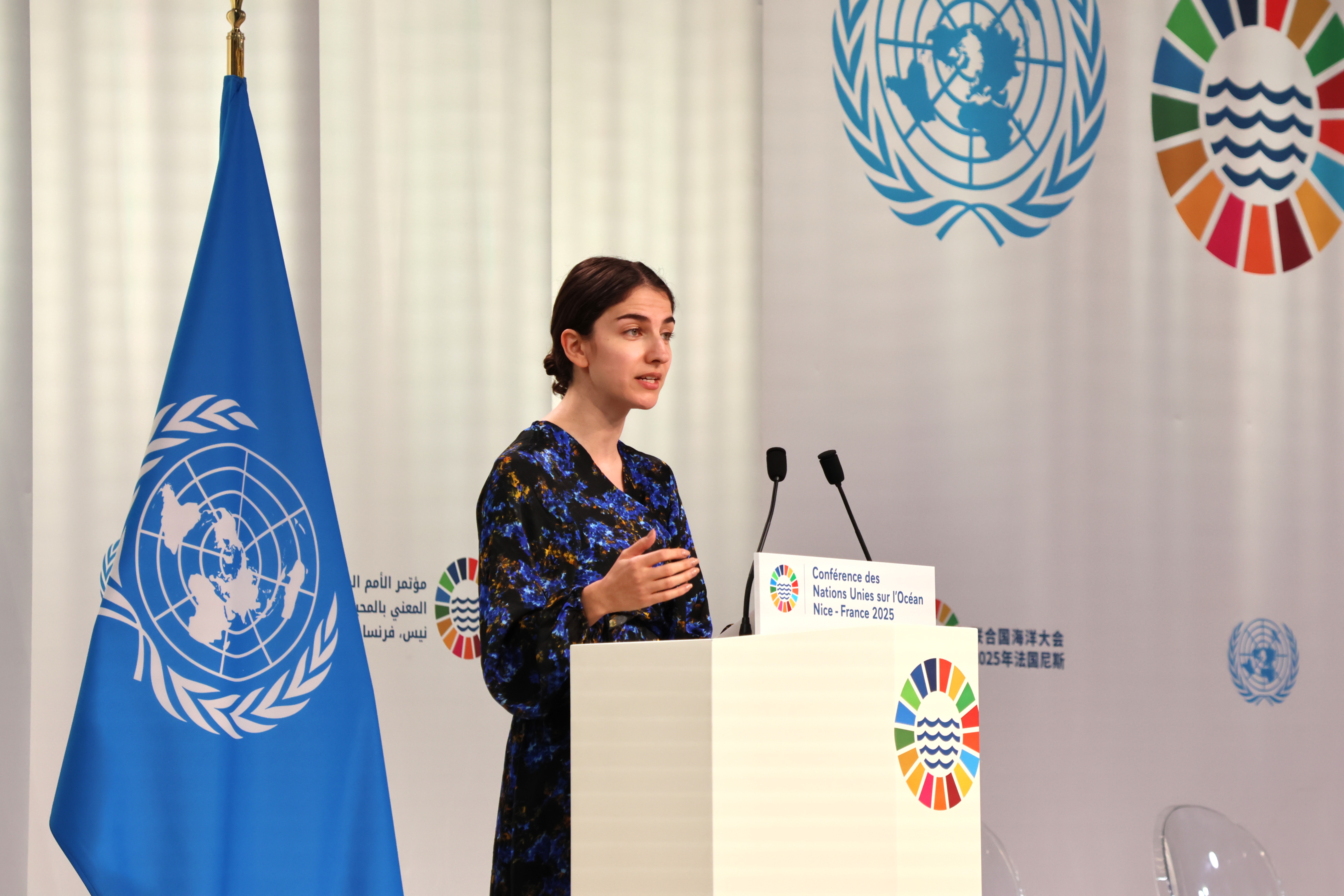 Minister for Climate and the Environment Romina Pourmokhtari, delivering Sweden's national statement at the UN Ocean Conference in Nice, France.