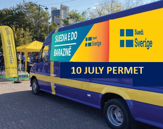 Poster of Sweden on Tour Permet, a bus with logos on it.