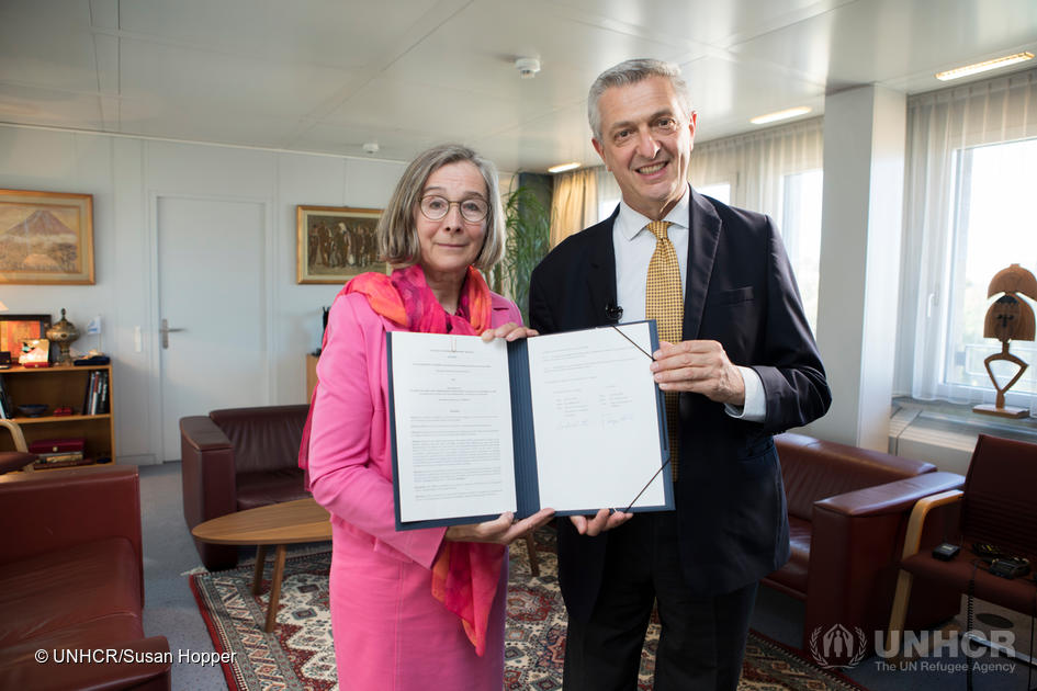 UN High Commissioner for Refugees, Filippo Grandi signs agreement with Swedish Ambassador, Veronika Bard at UNHCR Headquarters in Geneva, Switzerland