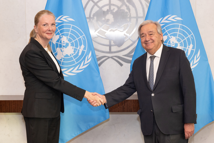 Nicola Clase, Permanent Representative of Sweden to the United Nations, presents her credentials to United Nations Secretary-General António Guterres