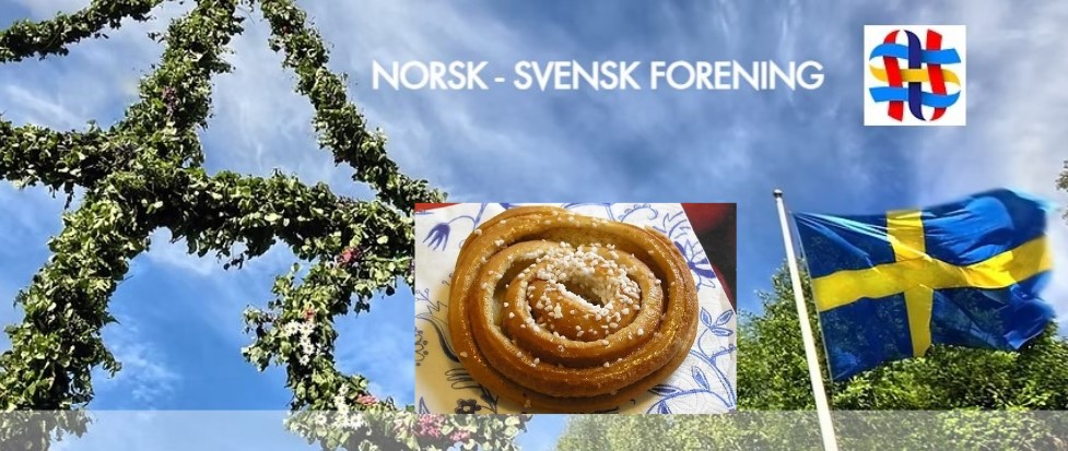 Banner med midsommarstång, kanelbulle och svensk flagga
